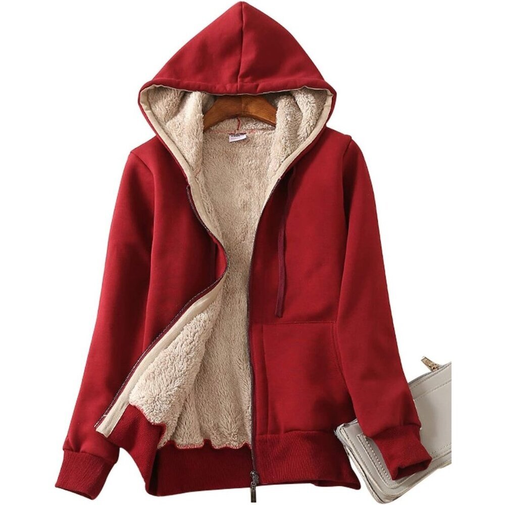 Women's Casual Full Zip Up Sherpa Lined Hoodie Sweatshirt Jacket Coat Wine Red
